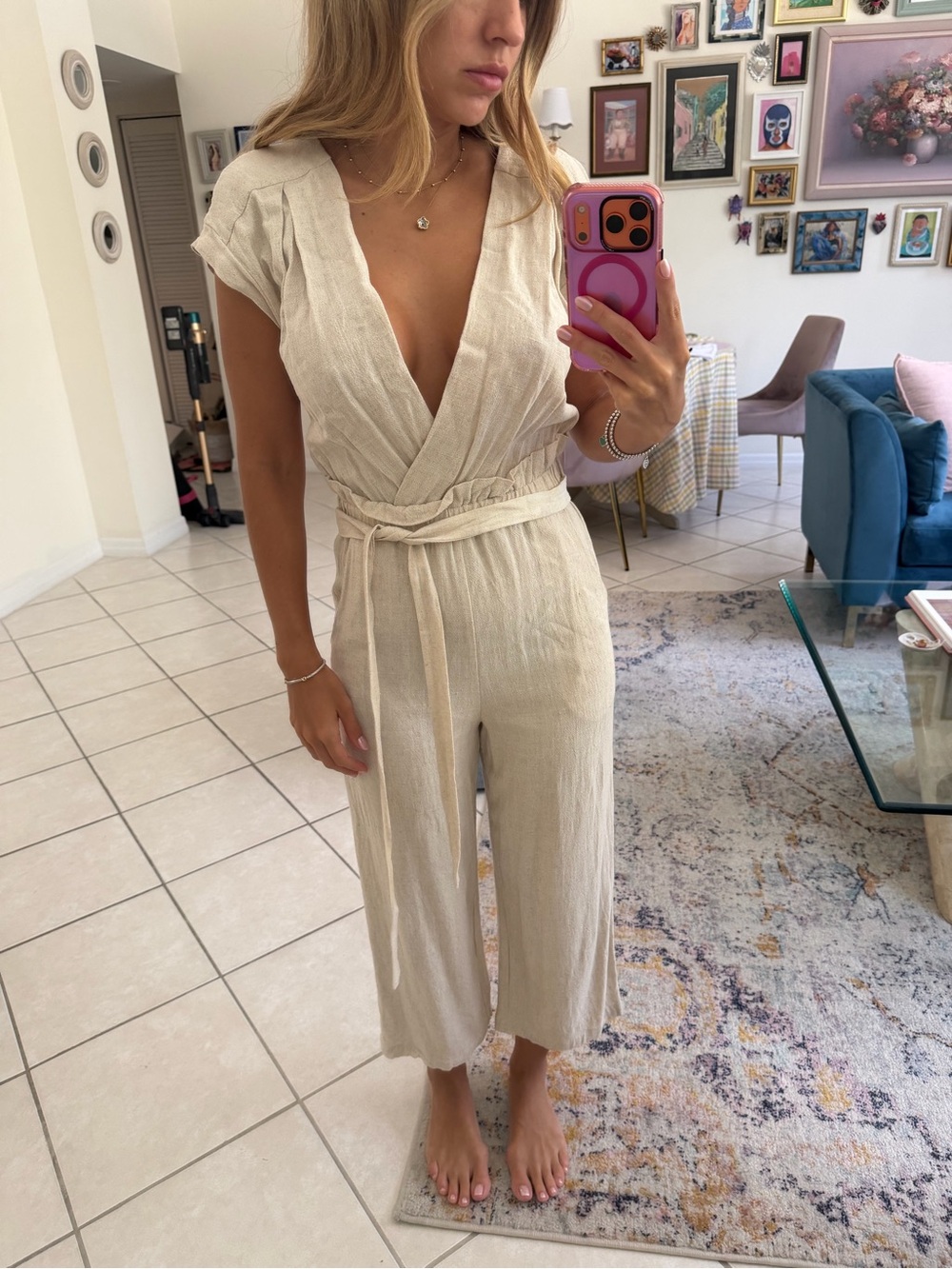 Women's Cream Wrap Jumpsuit with Tie Waist